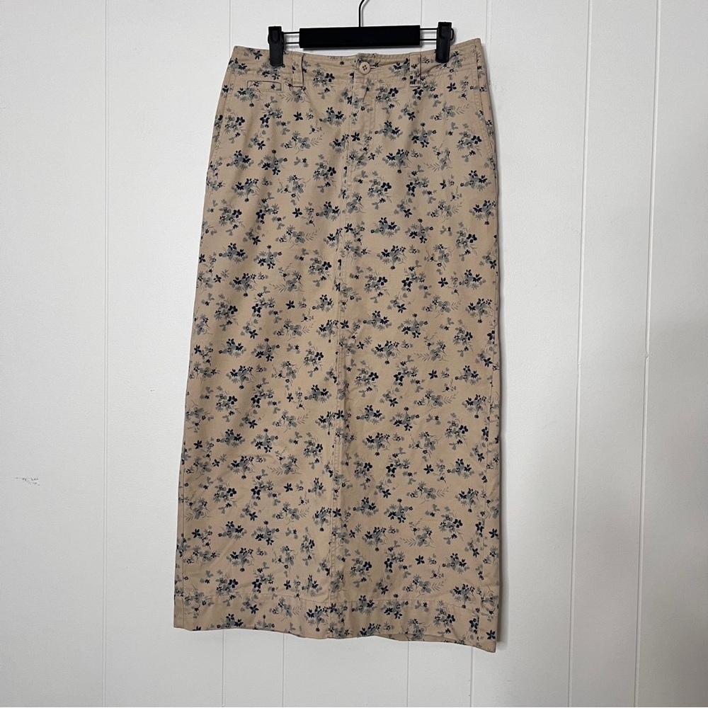 Eddie Bauer Floral Tan/Blue Cotton Twill Pencil Maxi Skirt Women's 8 Country
